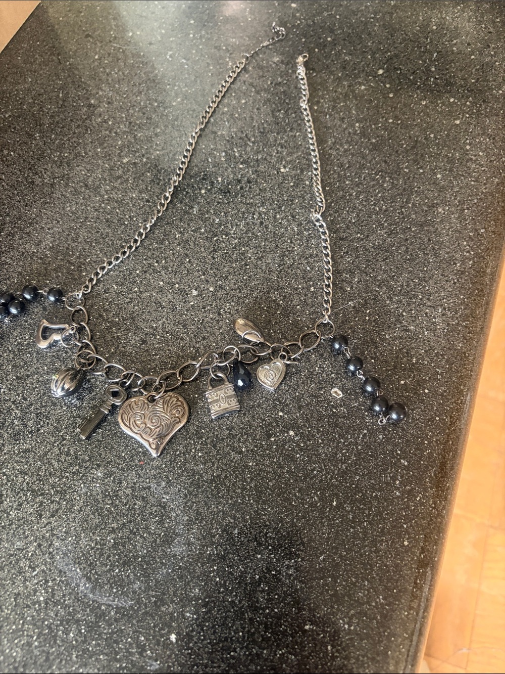 Silver-Tone Heart Charm Necklace with Black Beads